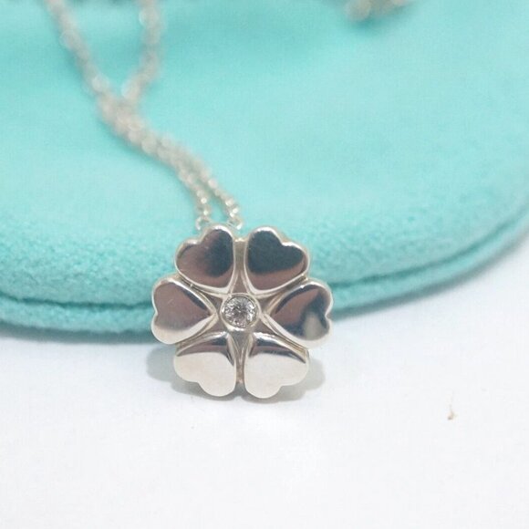 New! Tiffany & Co. Paloma Picasso Sterling Silver Flower with Diamond Necklace - Picture 1 of 5